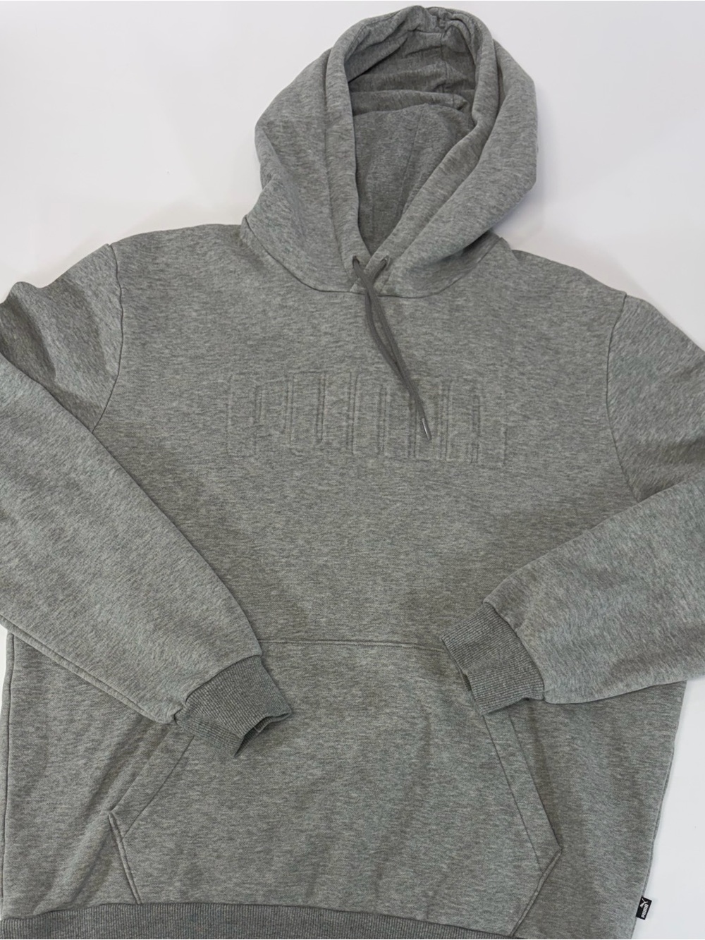 PUMA Grey Embossed Logo Spellout Hoodie Large
